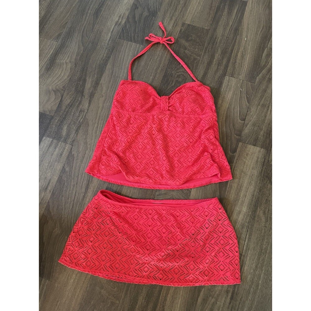 Catalina Coral Red Tankini Top with Matching Skirt Swim Set